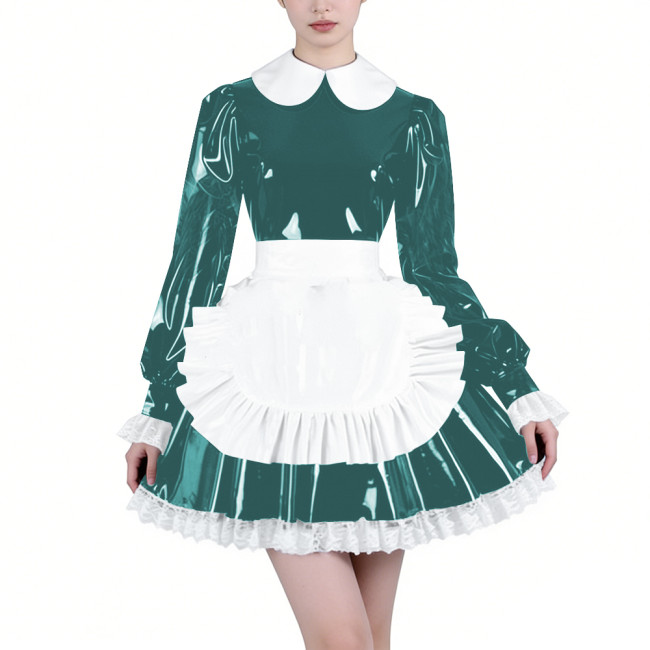 Shiny Latex-look Maid Cosplay Outfits Long Puff Sleeve Peter Pan Collar Pleated Dress with Apron Crossdresser Party Maid Uniform