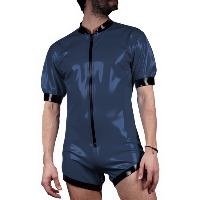 Mens Patchwork Latex-look PVC Shorts Jumpsuit Puff Short Sleeve Party Catsuit Front Zip Vinyl Patent Leather Bodysuit Clubwear