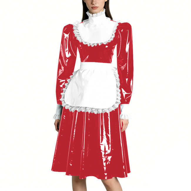 Sissy Vinyl PVC Leather Long Sleeves Maid Dress Lace Trim A-line Vintage Knee-lengh Maid Dress Maidservant Cosplay Maid Uniforms