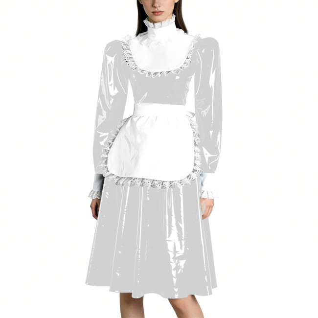 Sissy Vinyl PVC Leather Long Sleeves Maid Dress Lace Trim A-line Vintage Knee-lengh Maid Dress Maidservant Cosplay Maid Uniforms