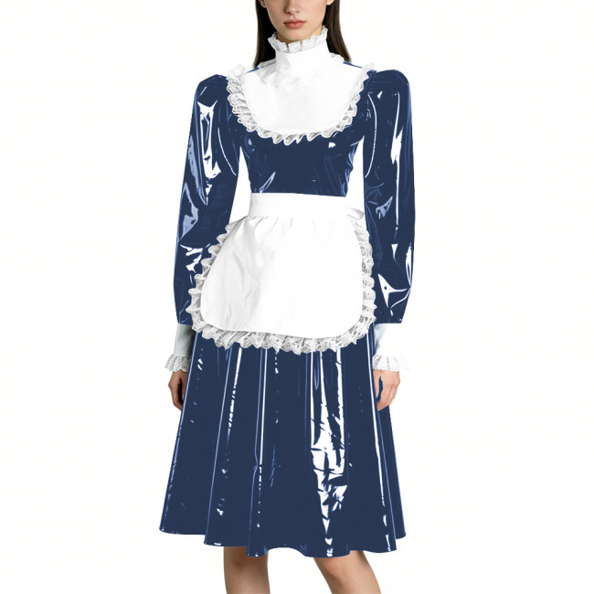 Sissy Vinyl PVC Leather Long Sleeves Maid Dress Lace Trim A-line Vintage Knee-lengh Maid Dress Maidservant Cosplay Maid Uniforms