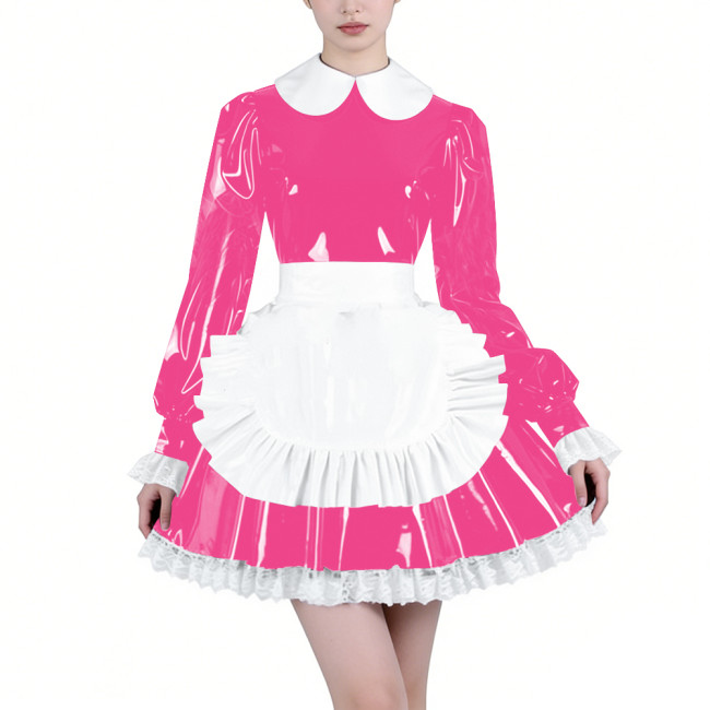 Shiny Latex-look Maid Cosplay Outfits Long Puff Sleeve Peter Pan Collar Pleated Dress with Apron Crossdresser Party Maid Uniform
