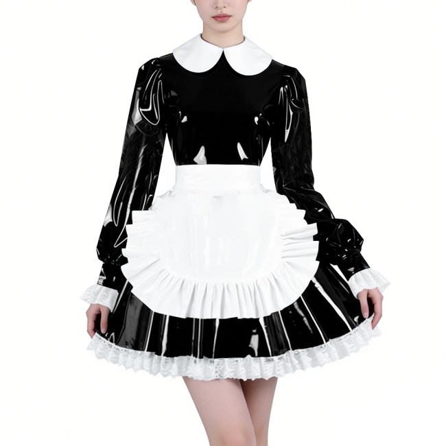 Shiny Latex-look Maid Cosplay Outfits Long Puff Sleeve Peter Pan Collar Pleated Dress with Apron Crossdresser Party Maid Uniform