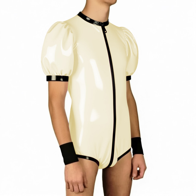 Mens Wet PVC Club Patchwork Bodysuit Zipper Open Crotch O-neck One Piece Leotard Jumpsuit Puff Sleeves Rompser Fot Party Cosplay