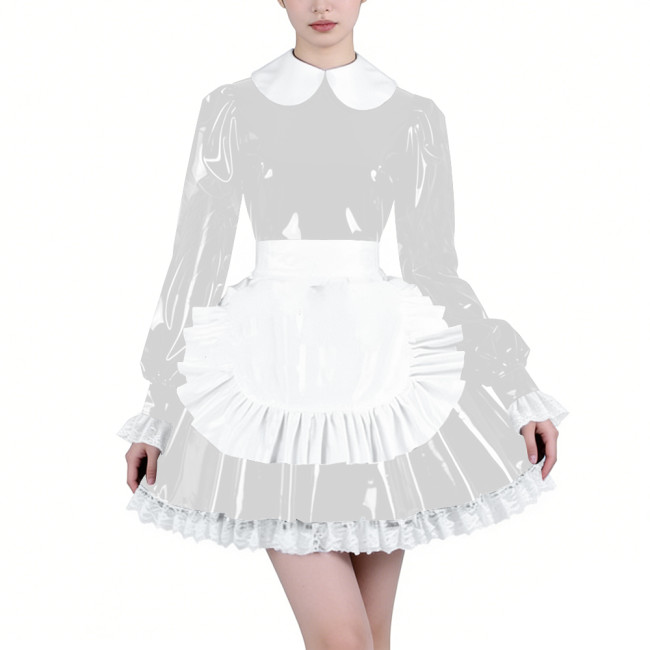 Shiny Latex-look Maid Cosplay Outfits Long Puff Sleeve Peter Pan Collar Pleated Dress with Apron Crossdresser Party Maid Uniform