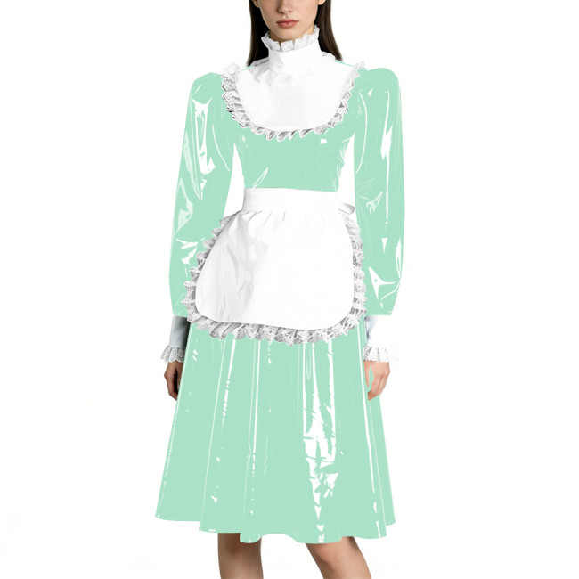 Sissy Vinyl PVC Leather Long Sleeves Maid Dress Lace Trim A-line Vintage Knee-lengh Maid Dress Maidservant Cosplay Maid Uniforms