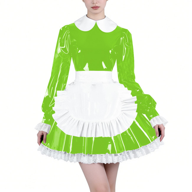 Shiny Latex-look Maid Cosplay Outfits Long Puff Sleeve Peter Pan Collar Pleated Dress with Apron Crossdresser Party Maid Uniform