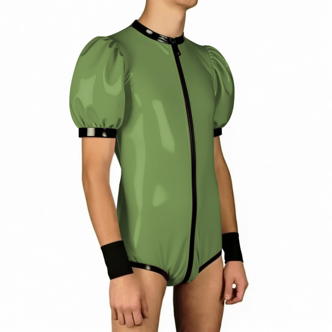 Mens Wet PVC Club Patchwork Bodysuit Zipper Open Crotch O-neck One Piece Leotard Jumpsuit Puff Sleeves Rompser Fot Party Cosplay