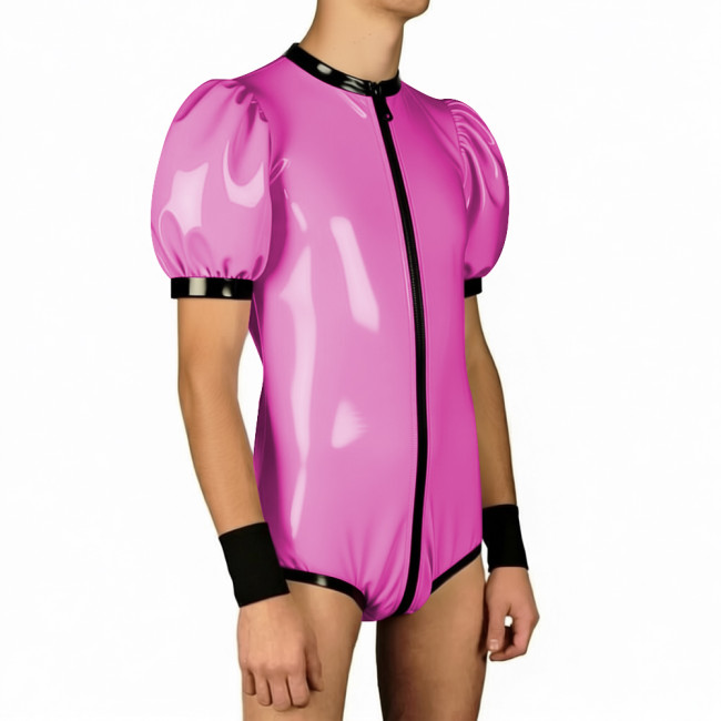 Mens Wet PVC Club Patchwork Bodysuit Zipper Open Crotch O-neck One Piece Leotard Jumpsuit Puff Sleeves Rompser Fot Party Cosplay