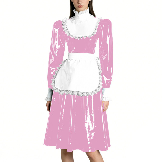 Sissy Vinyl PVC Leather Long Sleeves Maid Dress Lace Trim A-line Vintage Knee-lengh Maid Dress Maidservant Cosplay Maid Uniforms