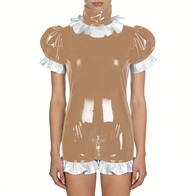 Women's Shiny PVC Ruffles Trim Bodycon Romper with Lock Puff Short Sleeves High Neck Zipper Open Crotch Bodysuit Cosplay Outfit