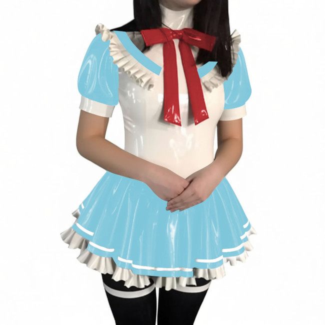 Women Sweet Preppy Bow Mini A Line Dresses PVC Glossy Leather Pleated Dress Dor Halloween Coslay Theme Party Dress-up Outfits