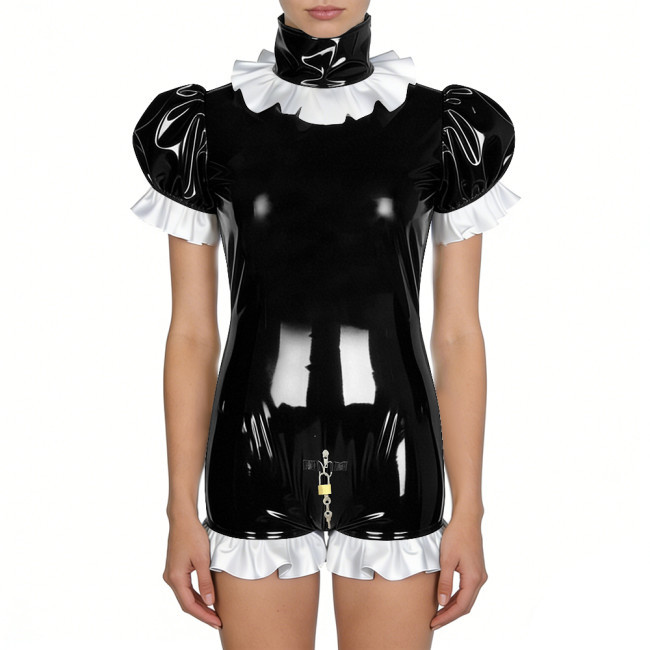 Women's Shiny PVC Ruffles Trim Bodycon Romper with Lock Puff Short Sleeves High Neck Zipper Open Crotch Bodysuit Cosplay Outfit