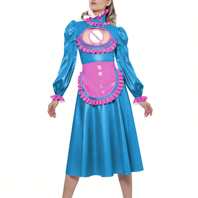 Shiny Sexy Hollow Party Maid Prom Dresses Bow Ruffles High Collar Long Sleeves Cosplay Maid Dress with Apron Maid Uniform Gown