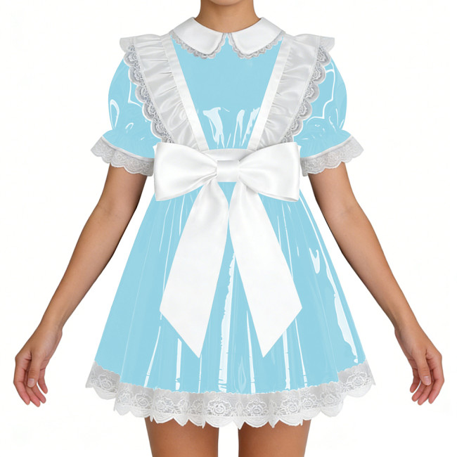 Lockable Shiny French Maid Mini Dress Sissy Lace Ruffles Bowknot Short Sleeve PVC A-line Dress Lolita Party Cosplay Uniforms 7XL