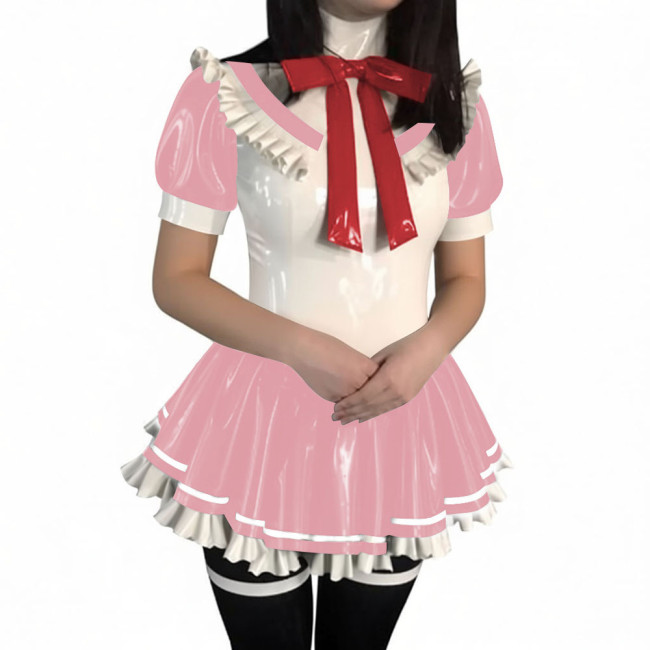 Women Sweet Preppy Bow Mini A Line Dresses PVC Glossy Leather Pleated Dress Dor Halloween Coslay Theme Party Dress-up Outfits