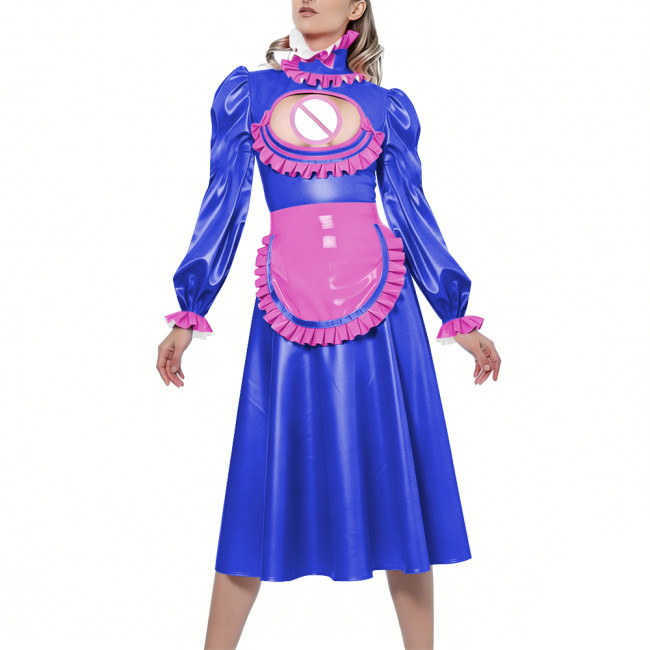 Shiny Sexy Hollow Party Maid Prom Dresses Bow Ruffles High Collar Long Sleeves Cosplay Maid Dress with Apron Maid Uniform Gown