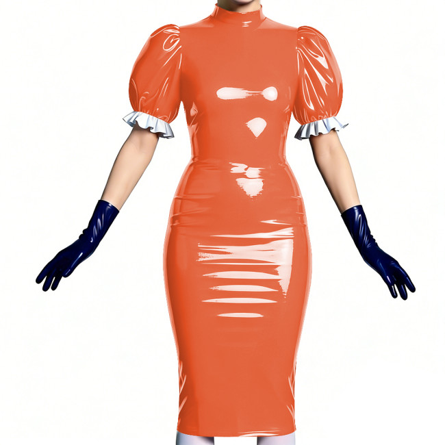 Women's Vinyl PVC Leather Bodycon Dress Shiny Patent Leather Puff Sleeve Midi Dress Party Sexy Slim-Fit Evening Dress No Gloves