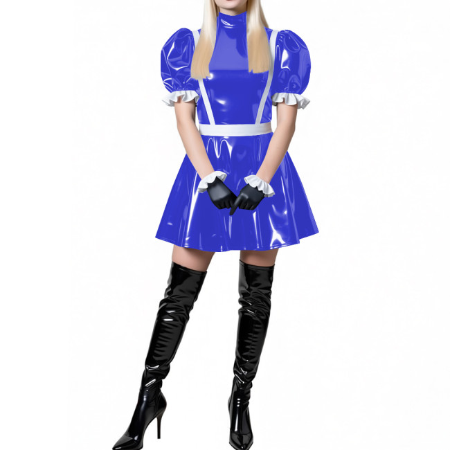 Puff Sleeve Latex-look PVC French Mini Dress for Women's High Neck Glossy Leather A-line Dress Party Roleplay Clubwear Outfit
