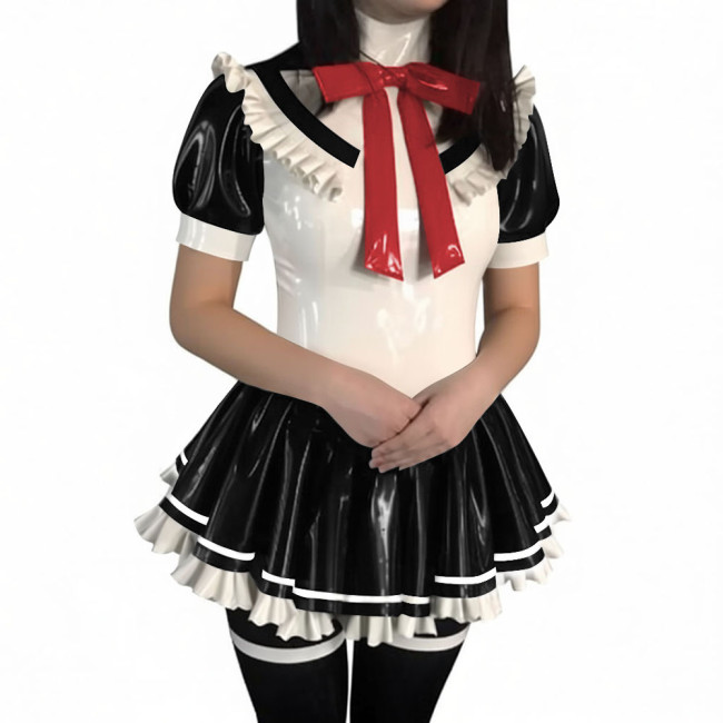 Women Sweet Preppy Bow Mini A Line Dresses PVC Glossy Leather Pleated Dress Dor Halloween Coslay Theme Party Dress-up Outfits