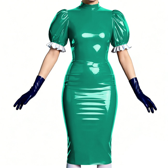 Women's Vinyl PVC Leather Bodycon Dress Shiny Patent Leather Puff Sleeve Midi Dress Party Sexy Slim-Fit Evening Dress No Gloves