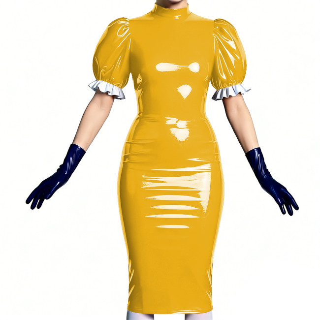 Women's Vinyl PVC Leather Bodycon Dress Shiny Patent Leather Puff Sleeve Midi Dress Party Sexy Slim-Fit Evening Dress No Gloves