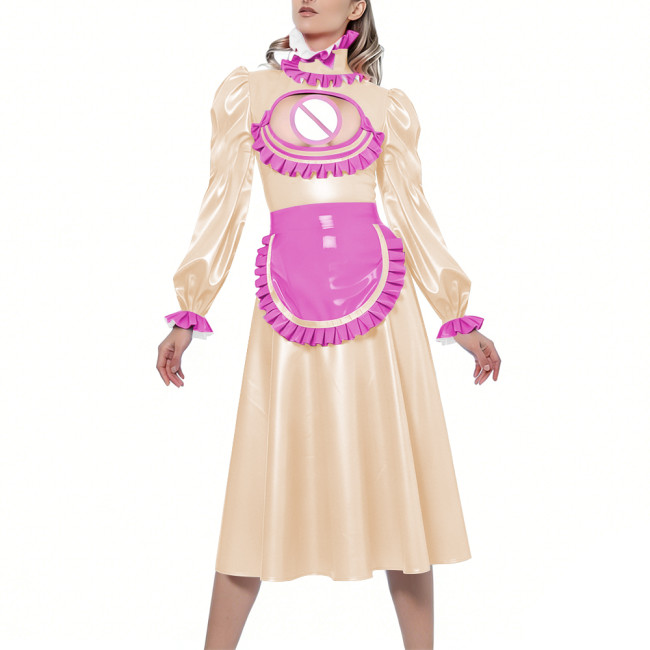 Shiny Sexy Hollow Party Maid Prom Dresses Bow Ruffles High Collar Long Sleeves Cosplay Maid Dress with Apron Maid Uniform Gown