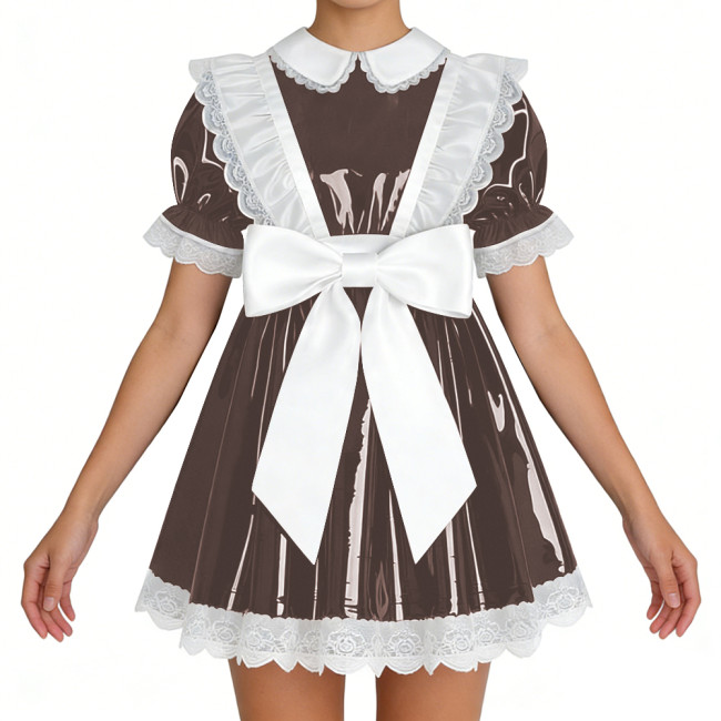 Lockable Shiny French Maid Mini Dress Sissy Lace Ruffles Bowknot Short Sleeve PVC A-line Dress Lolita Party Cosplay Uniforms 7XL