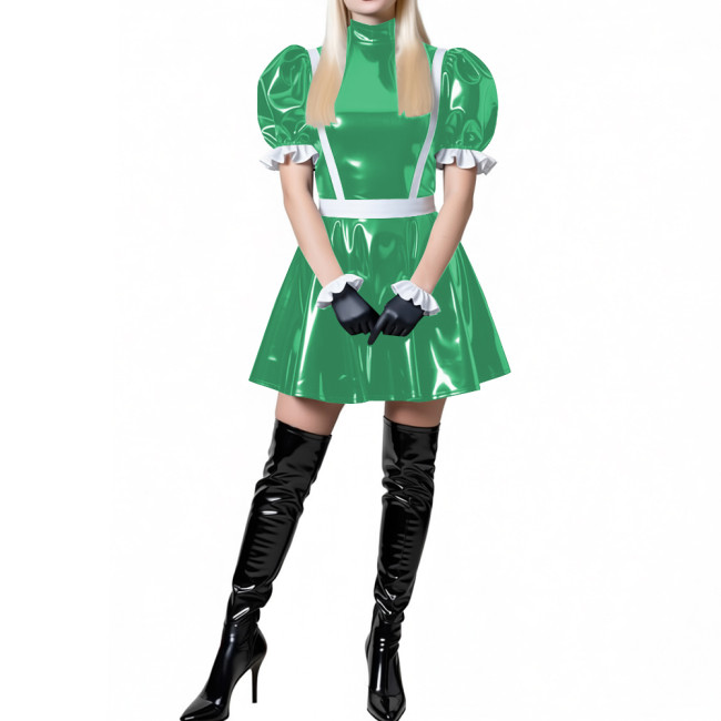 Puff Sleeve Latex-look PVC French Mini Dress for Women's High Neck Glossy Leather A-line Dress Party Roleplay Clubwear Outfit