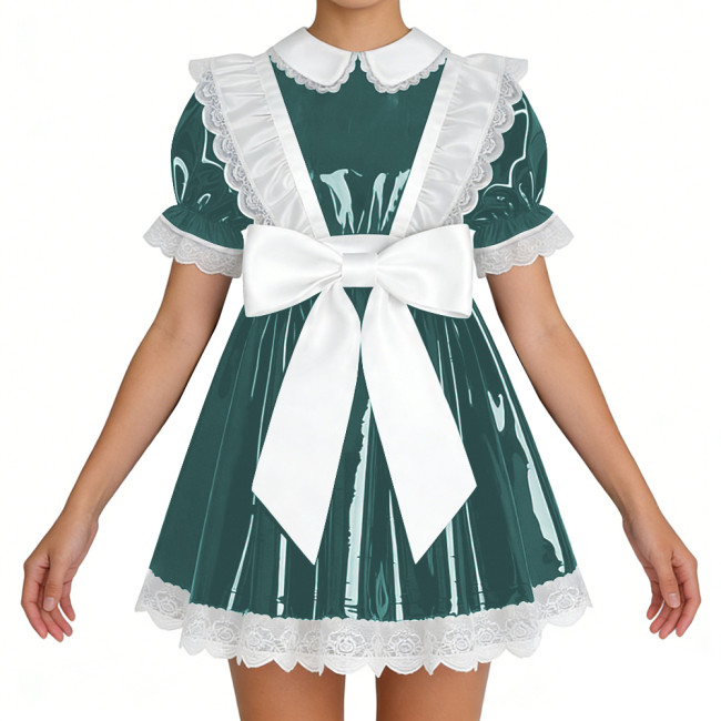 Lockable Shiny French Maid Mini Dress Sissy Lace Ruffles Bowknot Short Sleeve PVC A-line Dress Lolita Party Cosplay Uniforms 7XL
