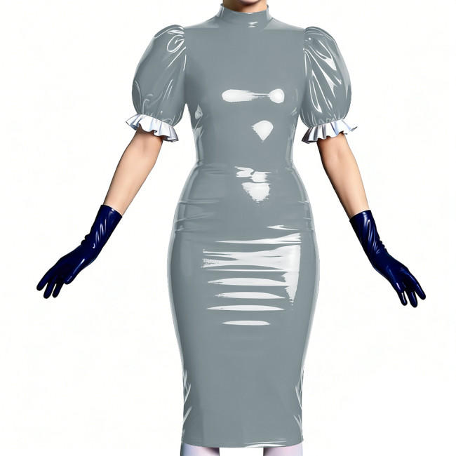 Women's Vinyl PVC Leather Bodycon Dress Shiny Patent Leather Puff Sleeve Midi Dress Party Sexy Slim-Fit Evening Dress No Gloves