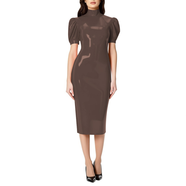 Fashion Chic PVC Glossy Leather Knee-length Dresses for Womens Sexy Nightclub Party Short Sleeve Gown Full Zipper Back Dresses