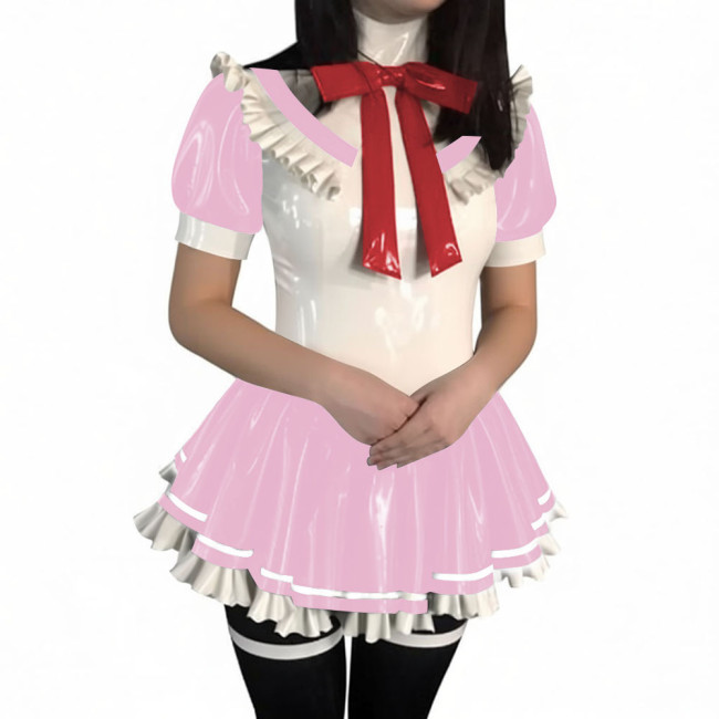 Women Sweet Preppy Bow Mini A Line Dresses PVC Glossy Leather Pleated Dress Dor Halloween Coslay Theme Party Dress-up Outfits