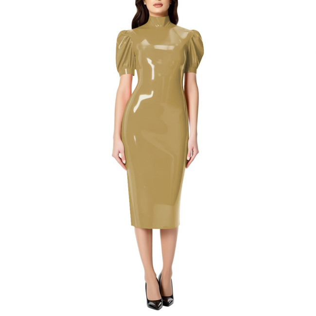 Fashion Chic PVC Glossy Leather Knee-length Dresses for Womens Sexy Nightclub Party Short Sleeve Gown Full Zipper Back Dresses