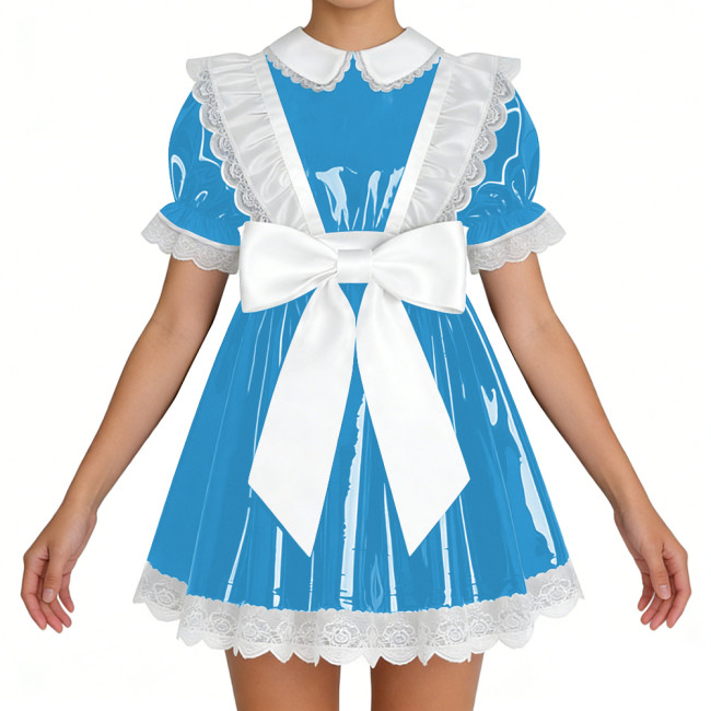 Lockable Shiny French Maid Mini Dress Sissy Lace Ruffles Bowknot Short Sleeve PVC A-line Dress Lolita Party Cosplay Uniforms 7XL