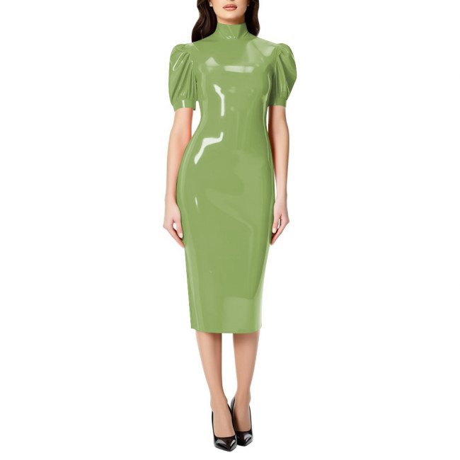 Fashion Chic PVC Glossy Leather Knee-length Dresses for Womens Sexy Nightclub Party Short Sleeve Gown Full Zipper Back Dresses