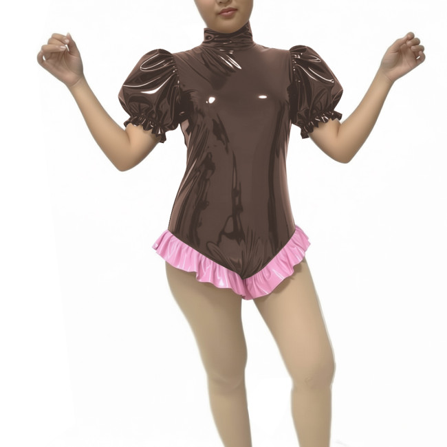 Womens Shiny Turtleneck Bodysuit Puff Short Sleeve PVC Vinyl Leather Ruffles Trimming Leotard Sexy Glossy Raves Party Rompers