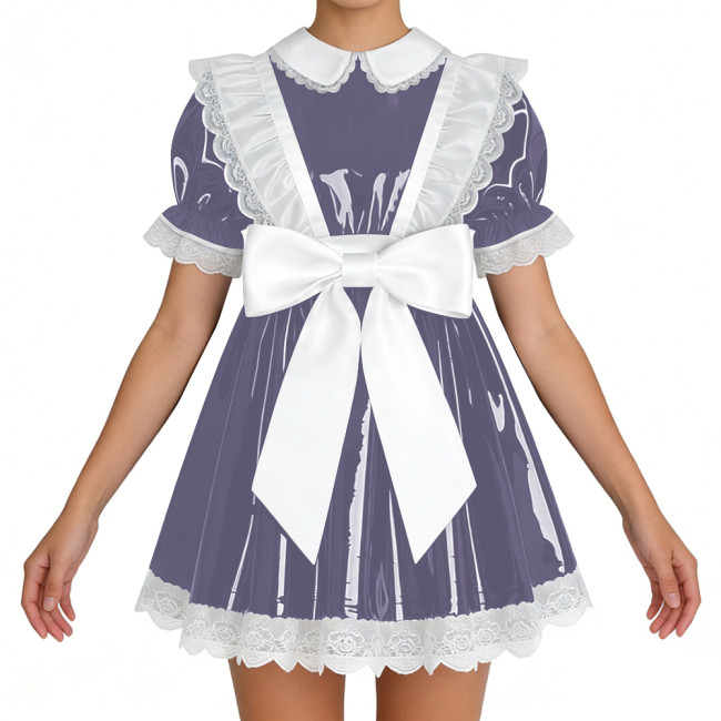 Lockable Shiny French Maid Mini Dress Sissy Lace Ruffles Bowknot Short Sleeve PVC A-line Dress Lolita Party Cosplay Uniforms 7XL