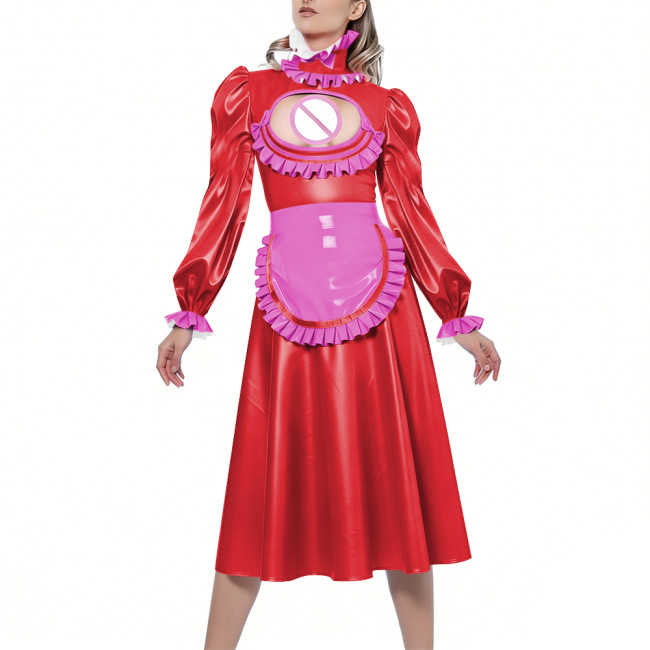 Shiny Sexy Hollow Party Maid Prom Dresses Bow Ruffles High Collar Long Sleeves Cosplay Maid Dress with Apron Maid Uniform Gown