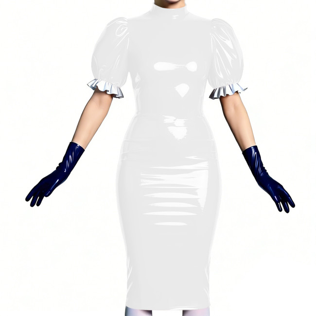Women's Vinyl PVC Leather Bodycon Dress Shiny Patent Leather Puff Sleeve Midi Dress Party Sexy Slim-Fit Evening Dress No Gloves