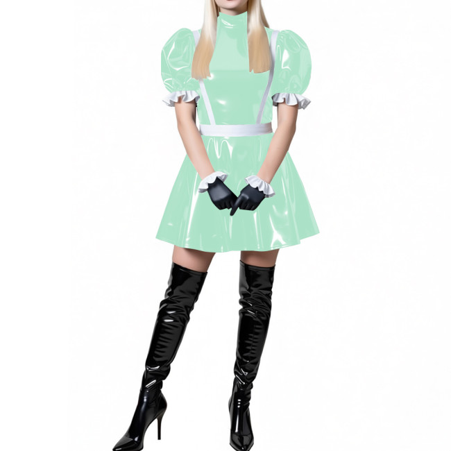 Puff Sleeve Latex-look PVC French Mini Dress for Women's High Neck Glossy Leather A-line Dress Party Roleplay Clubwear Outfit