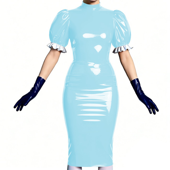 Women's Vinyl PVC Leather Bodycon Dress Shiny Patent Leather Puff Sleeve Midi Dress Party Sexy Slim-Fit Evening Dress No Gloves