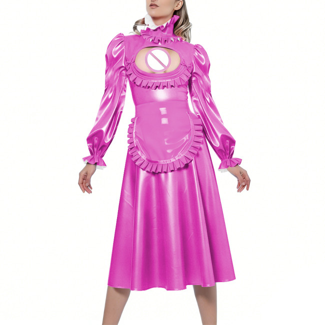 Shiny Sexy Hollow Party Maid Prom Dresses Bow Ruffles High Collar Long Sleeves Cosplay Maid Dress with Apron Maid Uniform Gown