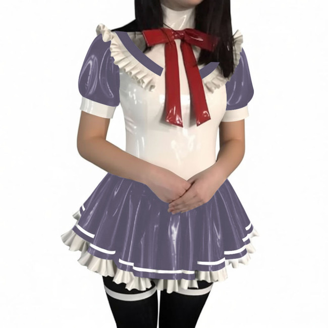 Women Sweet Preppy Bow Mini A Line Dresses PVC Glossy Leather Pleated Dress Dor Halloween Coslay Theme Party Dress-up Outfits