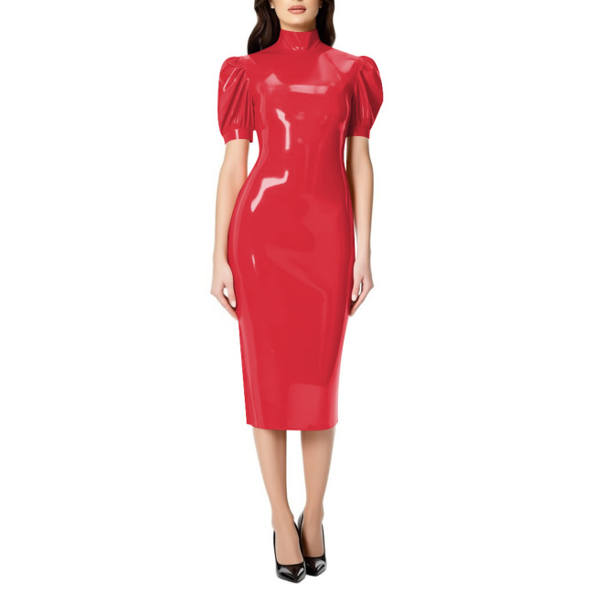 Fashion Chic PVC Glossy Leather Knee-length Dresses for Womens Sexy Nightclub Party Short Sleeve Gown Full Zipper Back Dresses