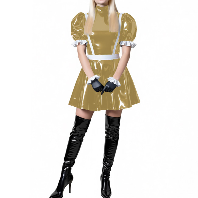 Puff Sleeve Latex-look PVC French Mini Dress for Women's High Neck Glossy Leather A-line Dress Party Roleplay Clubwear Outfit