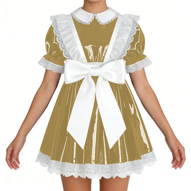 Lockable Shiny French Maid Mini Dress Sissy Lace Ruffles Bowknot Short Sleeve PVC A-line Dress Lolita Party Cosplay Uniforms 7XL