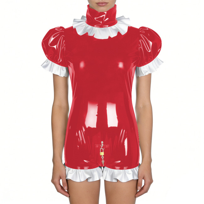 Women's Shiny PVC Ruffles Trim Bodycon Romper with Lock Puff Short Sleeves High Neck Zipper Open Crotch Bodysuit Cosplay Outfit