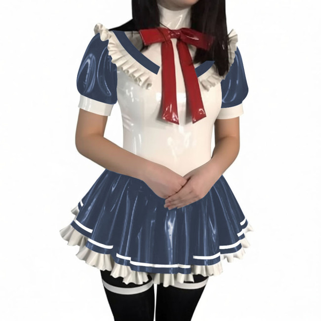 Women Sweet Preppy Bow Mini A Line Dresses PVC Glossy Leather Pleated Dress Dor Halloween Coslay Theme Party Dress-up Outfits