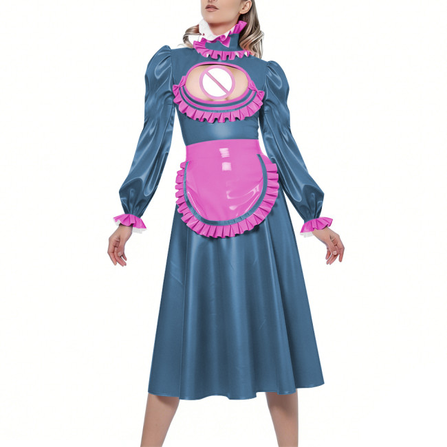 Shiny Sexy Hollow Party Maid Prom Dresses Bow Ruffles High Collar Long Sleeves Cosplay Maid Dress with Apron Maid Uniform Gown